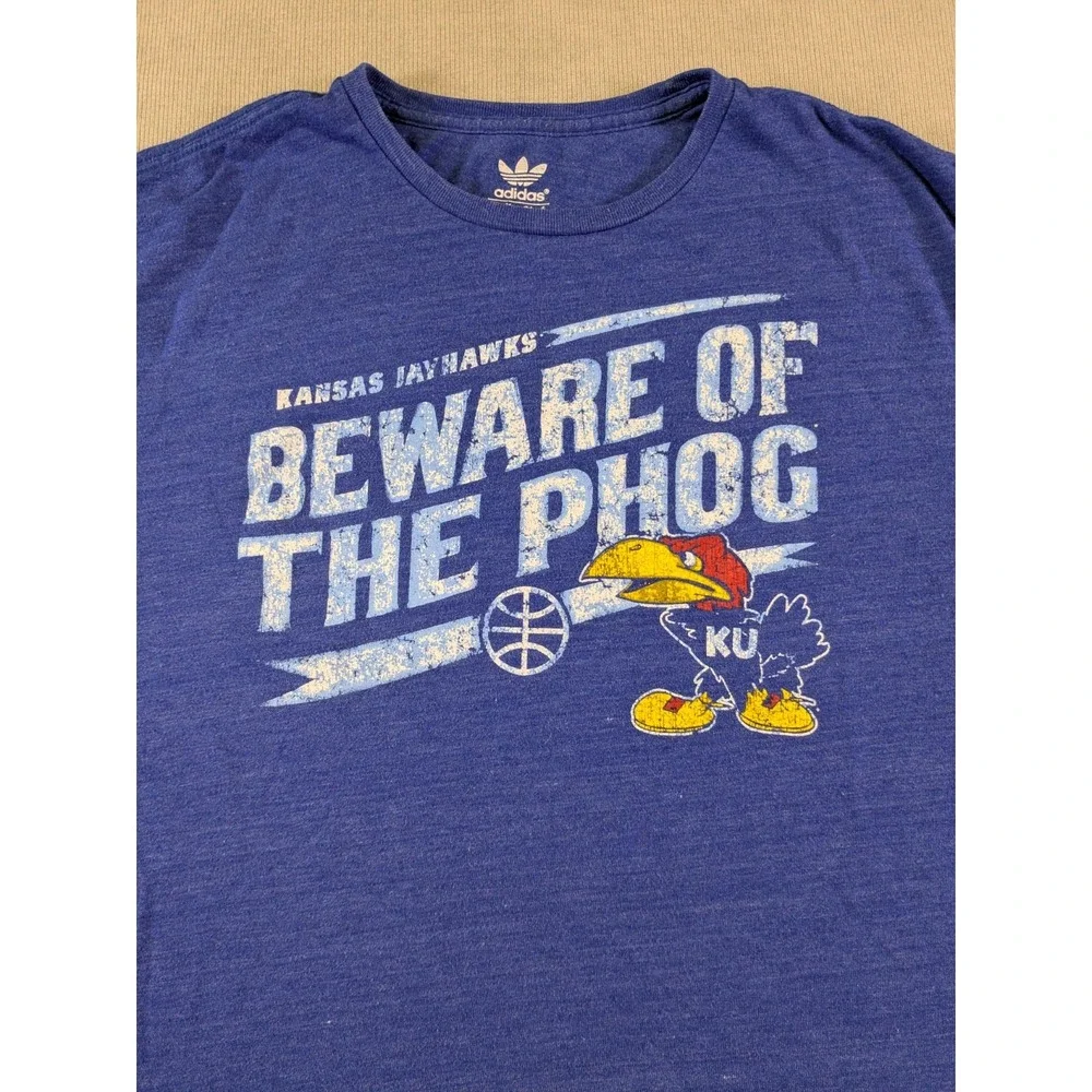 Kansas Jayhawks Shirt Mens XL Blue Adidas Basketball Retro Distressed Throwback
